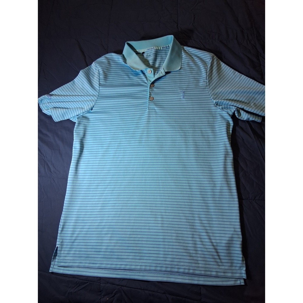 Adidas Polo Shirt Climacool Mens Large Teal Striped‎ Performance Golf Wicking